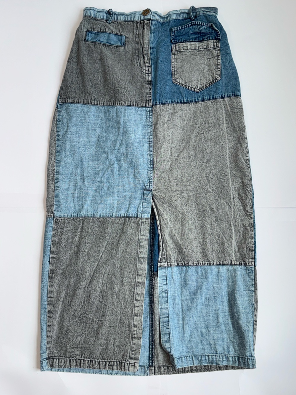 Molly Green Patchwork Maxi Skirt Blue Gray Denim Look Boho